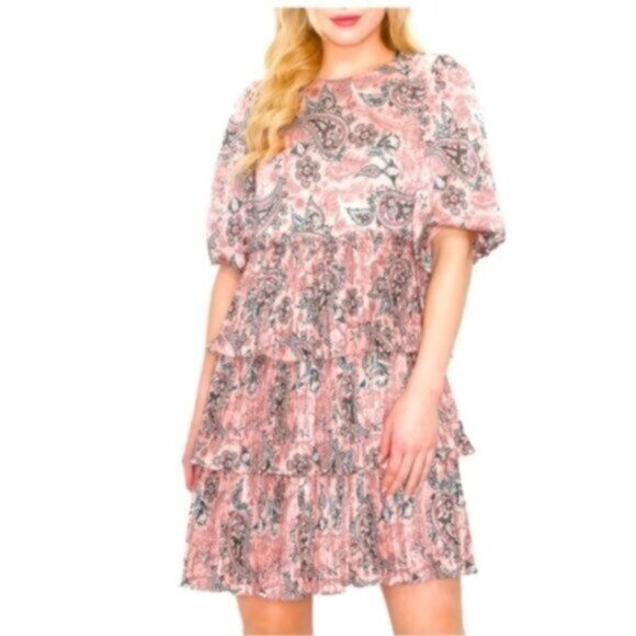 CODE X MODE Dress Paisley Tiered Ruffle Pleated Skirt Pink Green Sz.L - Picture 1 of 12